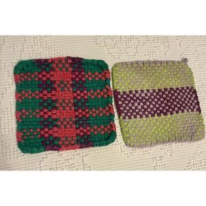 Handmade Set of 2 Potholders Cotton Woven Loom Hot Pads Oven Mitt Trivet Gift